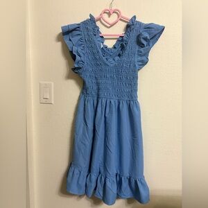 Blue Smocked Ruffle V-Neck Women's Dress